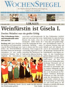 Pressebeitrag 'Weinf&uuml;rstin ist Gisela I.' Wochenspiegel 04.11.2009